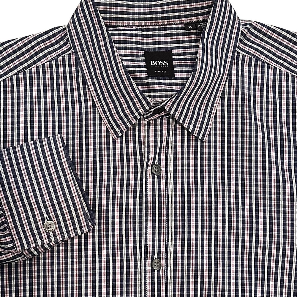 BOSS Hugo Boss Slim Fit Plaid Button Up Dress Shirt Men's XL Navy Maroon Classic